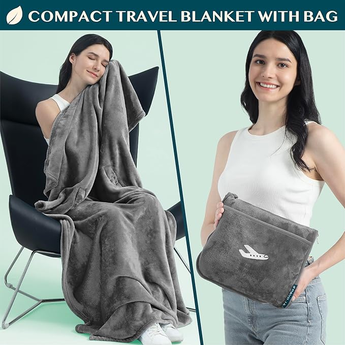 PAVILIA Travel Blanket Pillow, Airplane Blanket Set in Soft Bag with Pockets, Plane Blanket Compact Packable, Flight Essentials Car Pillow, Travelers Accessories Gifts, Luggage Strap, Gray