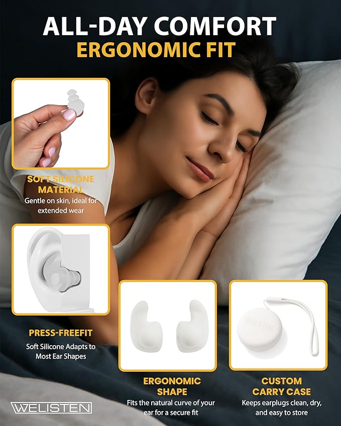 Earplugs for Sleeping Noise Cancelling, Reusable & Washable Ear Plugs, Super Soft Silicone Ear Plug, Noise Reduction Ear Plugs with Custom Case for Sleeping, Swimming, Snoring, Concerts, Work - White