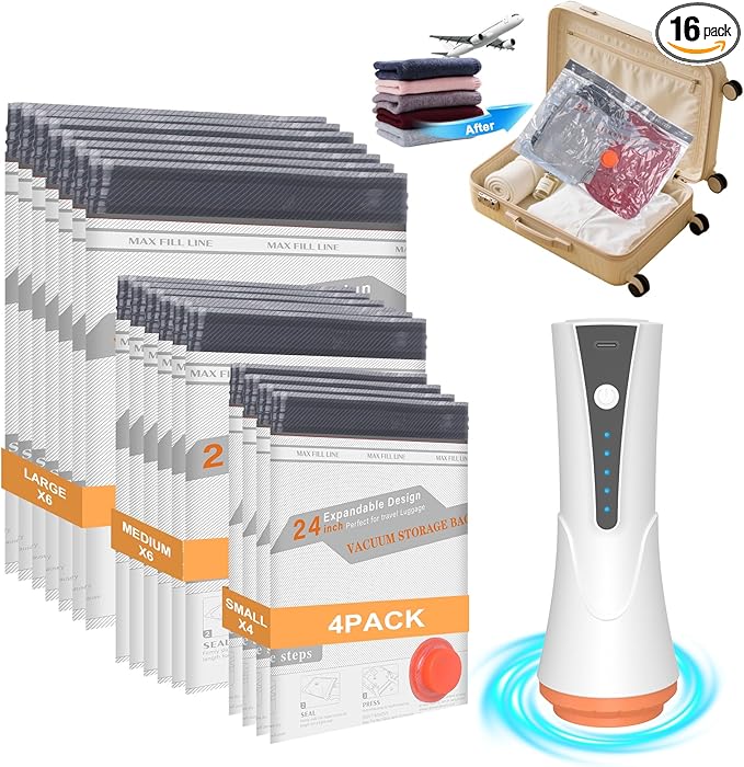 Vacuum Storage Bags for Travel with Rechargeable Air Pump - 16 Pack Vacuum Seal Bags for Clothing Space Saver, Compression Packing Bags for Suitcase Luggage, Blankets, Bedding, Seasonal Storage
