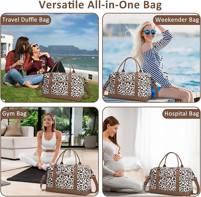 ELONGRIVER Travel Duffle Bag for Women, Weekender Bags, Hospital Bag for Labor Delivery, Lightweight Tote Duffel Overnight Bag with Luggage Sleeve, Airplane Travel Bags with Toiletry Bag,Large,Leopard