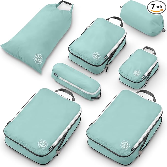 Large Compression Packing Cubes for Travel-Packing Cube Luggage Organizers 7 Piece Set for Checked Luggage-Ultralight, Expandable/Compression Bags by TRIPPED Travel Gear (DustyTeal/White)