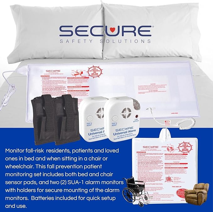 Secure Safety Solutions Bed & Chair Exit Alarm for Elderly Adults, 2 Patient Monitors with 12 x 30 Bed Sensor & 12 x 12 Chair Sensor, Caregiver Alert System for Fall Prevention, Dementia & Wandering
