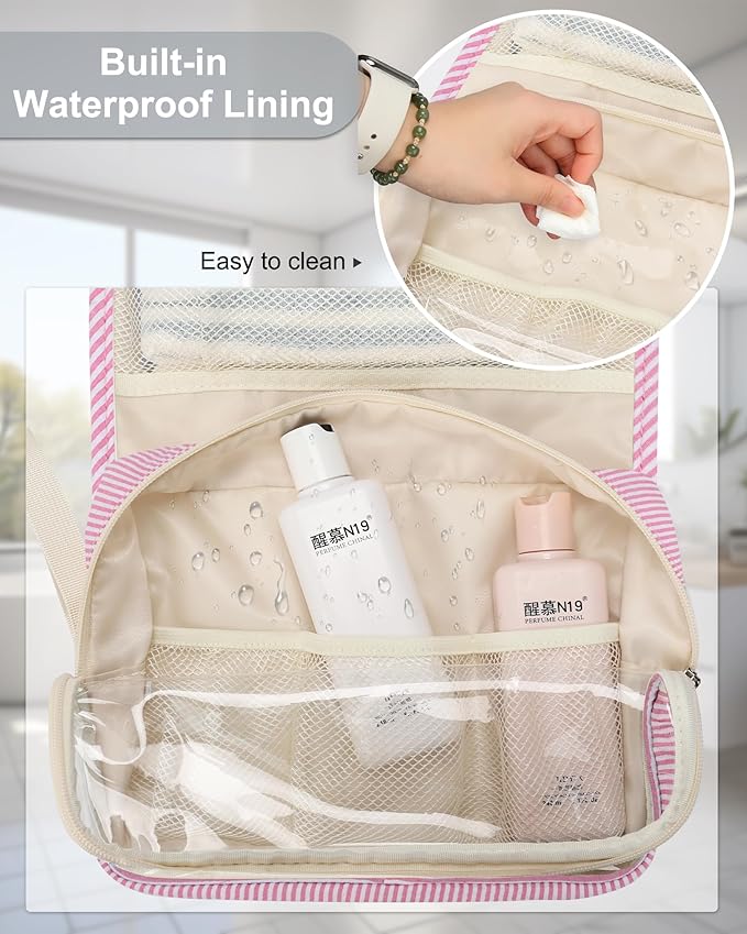 Relavel Hanging Toiletry Bag for Women, Large Makeup Travel Bag with Separate Compartments, Water Resistant Toiletries Bag for Travel Accessories, Portable Bathroom Bag for Trip Camping- Pink Strip