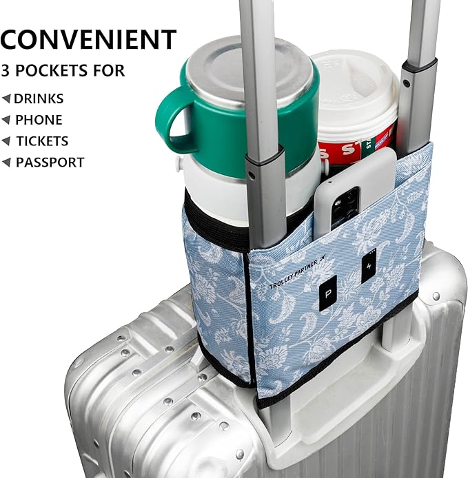 riemot Luggage Travel Cup Holder Free Hand Drink Carrier - Hold Two Coffee Mugs - Fits Roll on Suitcase Handles - Gifts for Flight Attendants Travelers Accessories Blue Floral