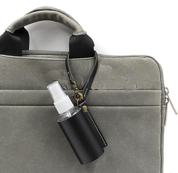 Disinfectant Holder - 60ml Sanitizing Spray Bottle Bag Holder - Belt Loops, Clip On Backpacks & Purses -(Reusable White Bottles) (Black Bottle Sleeve)