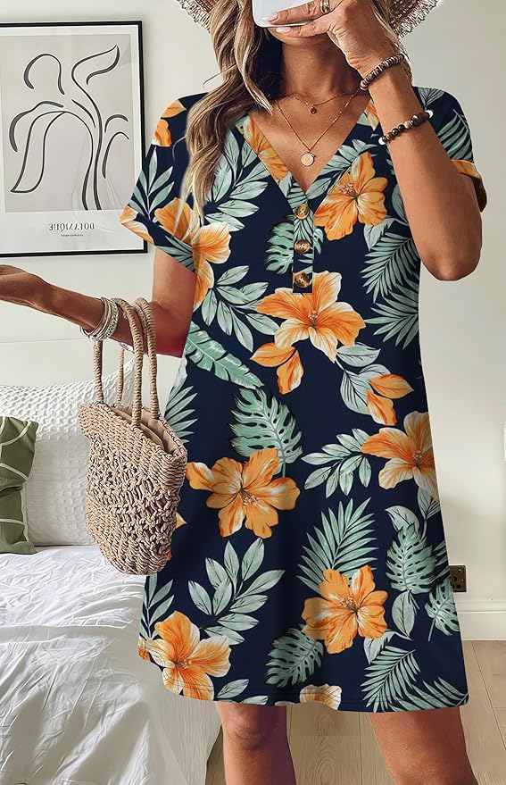 WIHOLL Summer Dresses for Women with Sleeves Midi Dress Button Down Beach Vacation Casual Dresses Fashion Clothing