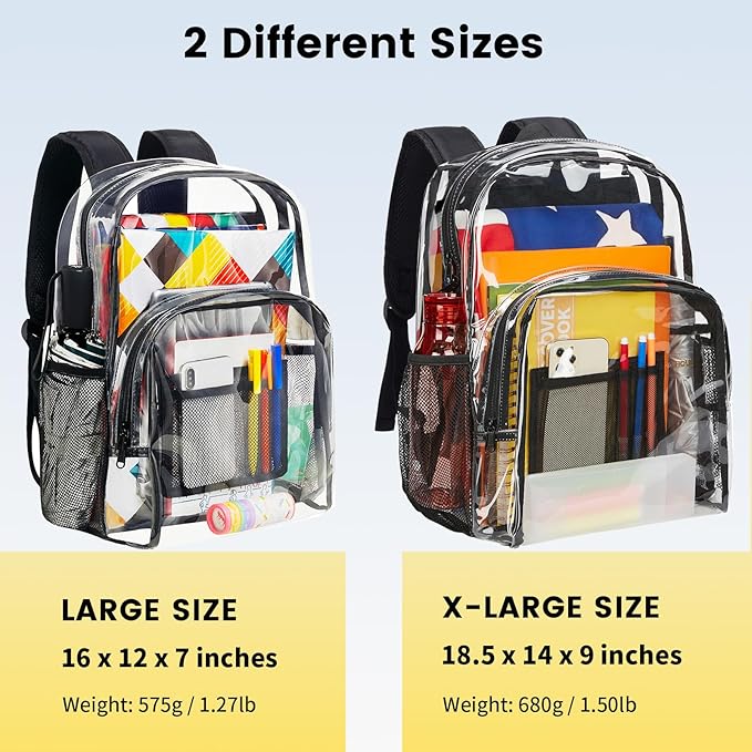 Vorspack Clear Backpack Heavy Duty PVC Transparent Backpack with Reinforced Strap Stitches & Large Capacity for College Workplace Security - Black