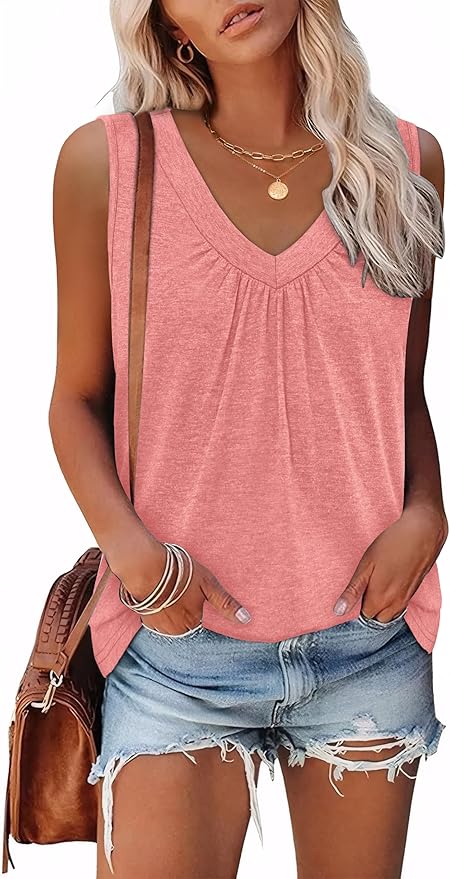 OFEEFAN Tank Top for Women Loose Fit Sleeveless Shirts V Neck Summer Clothes Ruched Women's Tees and Tanks Curved Hem