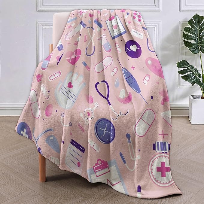 Nurse Blanket, Pink Nurse Gifts Flannel Throw Blankets,Soft Warm Lightweight Cozy Plush Nursing Graduation Throws for Bedroom Sofa Office Home Decor Gifts for Women Girls 80"x60"