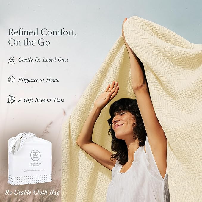Threadmill Luxury Cotton Blankets for Queen Size Bed | All-Season 100% Cotton Queen Size Blanket | Herringbone Cozy, Soft Breathable Fall Thermal Blanket fits Full Size Bed | Vanilla Cream