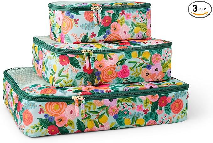RIFLE PAPER CO. 3 Set Compression Packing Cubes with Zipper Pull & Laundry Bag | Organizer Travel Essentials for Luggage/Suitcase | Garden Party Pattern