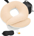 BUYUE Travel Neck Pillows for Airplanes, 360° Head Support Sleep for Long Flight, Skin-Friendly & Breathable, Kit with 3D Contoured Eye Mask, Earplugs and Storage Bag (Adult, Beige, 90+ lbs)