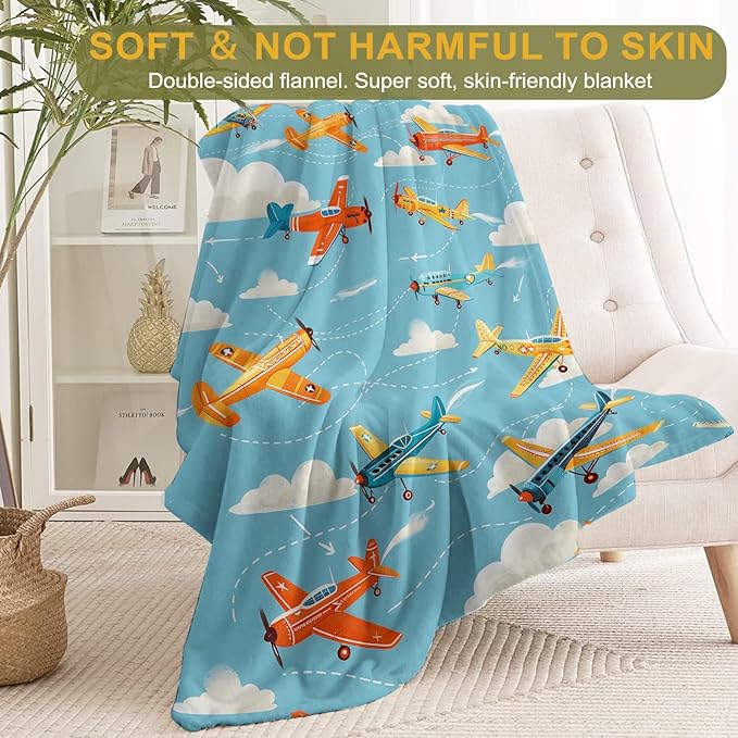 Vintage Airplane Flannel Blanket - Playful Aviation Colorful Planes on Blue Sky Throw - Lightweight Soft Cozy Gifts Blankets for Kids & Plane Lovers,Modern Home Room Whimsical Decor 60x80in