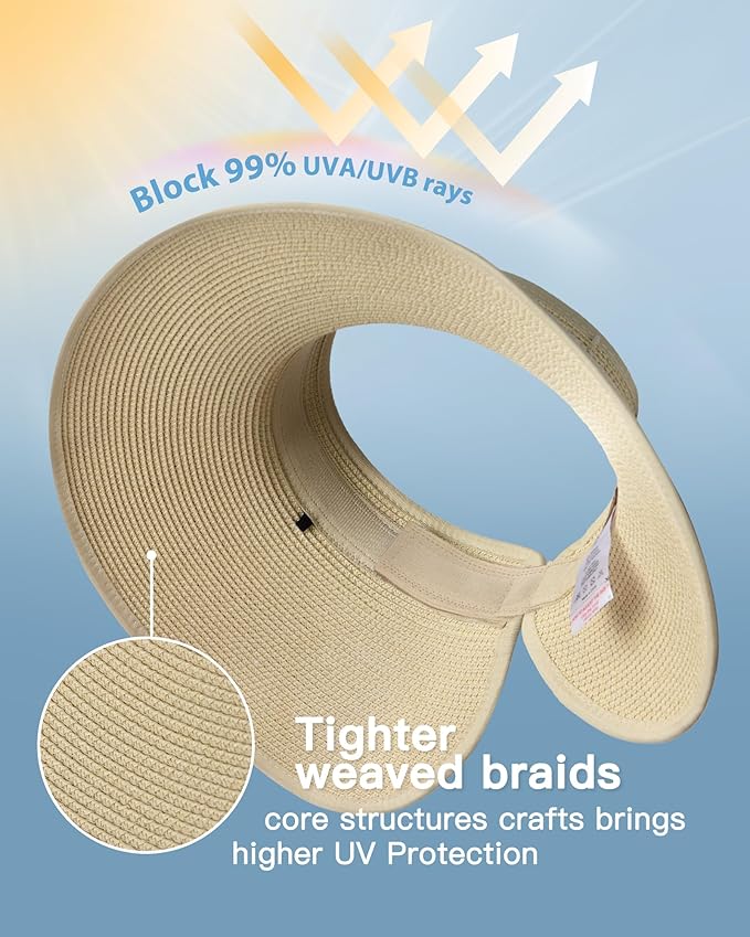 FURTALK Sun Hats for Women Wide Brim Beach Hat Straw Visor Ponytail Summer UV Packable Foldable Beach Vacation Essentials