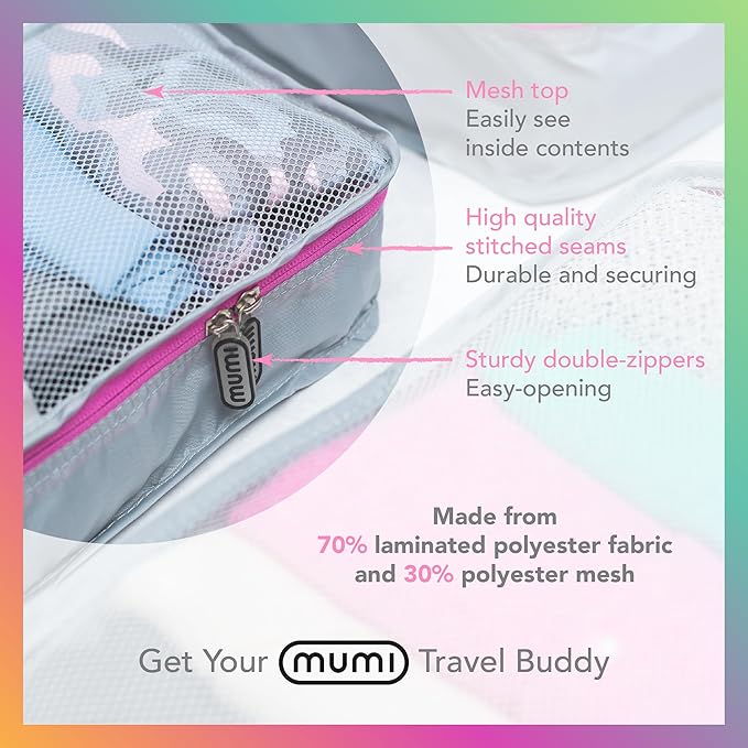 MUMI Packing Cubes - 5 Compression Packing Cubes for Travel, Luggage Organizer Bags for Suitcases, Carry-On, Duffle or Backpack – Mesh, Waterproof Bags for Clothes, Kids & Travel Accessories - Gray