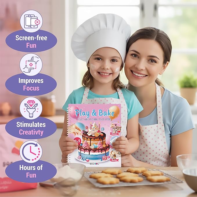 BSCOOL - Drawing, Coloring & Activity Book: Play and Bake with Stickers, Guides and Recipes. Dress Up Your Cake Design for Kids 5 and Up. Easter Gift for Girls
