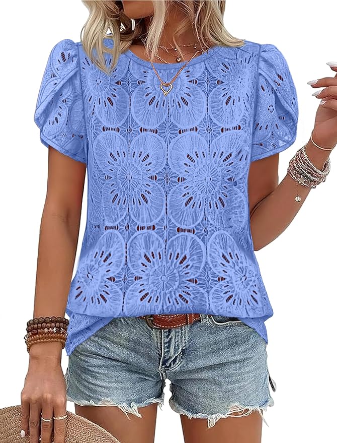 OFEEFAN Blouses for Women Dressy Casual Petal Short Sleeve Shirts Crochet Lace Boho Tops Spring Fashion Summer Outfits