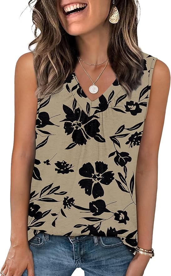 OFEEFAN Tank Top for Women Loose Fit Sleeveless Shirts V Neck Summer Clothes Ruched Women's Tees and Tanks Curved Hem