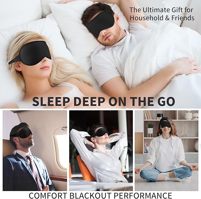 3D Sleep Mask for Men Women 2 Pack, Blackout Eye Mask for Sleeping Eye Mask for Side Sleeper, Memory Foam Adjustable&Washable, Airplane Travel Essentials Couples Yoga Meditation Office Black & Black