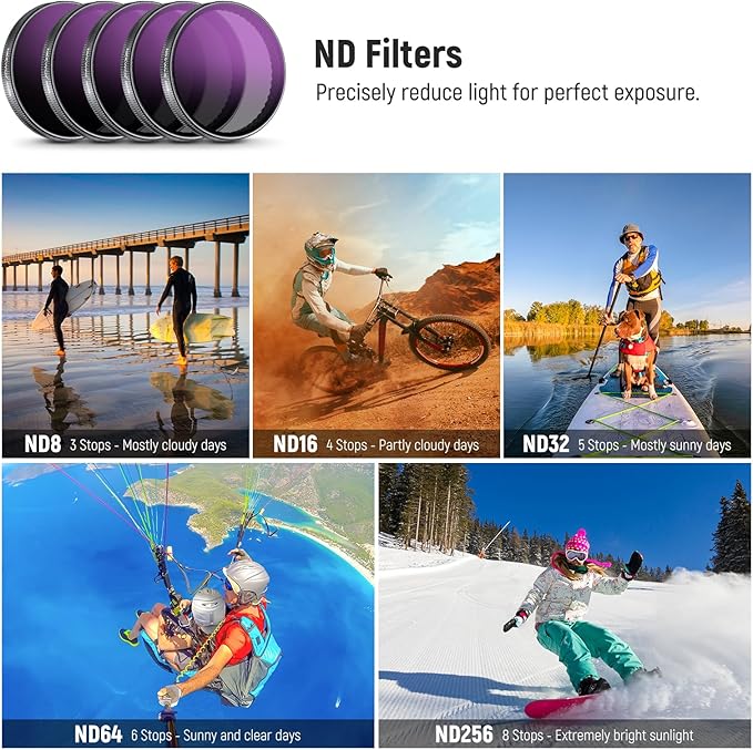 NEEWER ND Filter Set Compatible with DJI Osmo Action 5 Pro/4/3, 6 Pack Neutral Density ND8+ND16+ND32+ND64+ND256+CPL, Action Camera Lens Accessories Multicoated HD Optical Glass + Cleaning Cloth