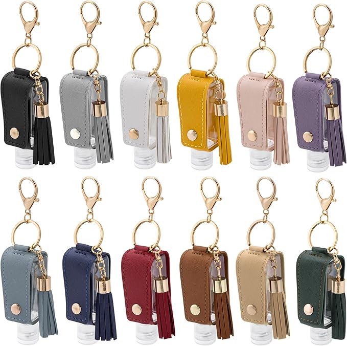 12 PCS Hand Sanitizer Holder Keychain Set, Leak-Proof Travel Size Empty Hand Sanitizer Bottles (1oz/30ml), Portable Refillable Liquid Dispenser for Backpack, Purse & Diaper Bag (12 Colors)