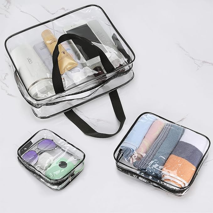 HAOGUAGUA 3 Pieces Large Clear Travel Bags for Toiletries, Waterproof Clear Plastic Cosmetic Makeup Bags, Transparent Packing Organizer Storage Bags (Black)