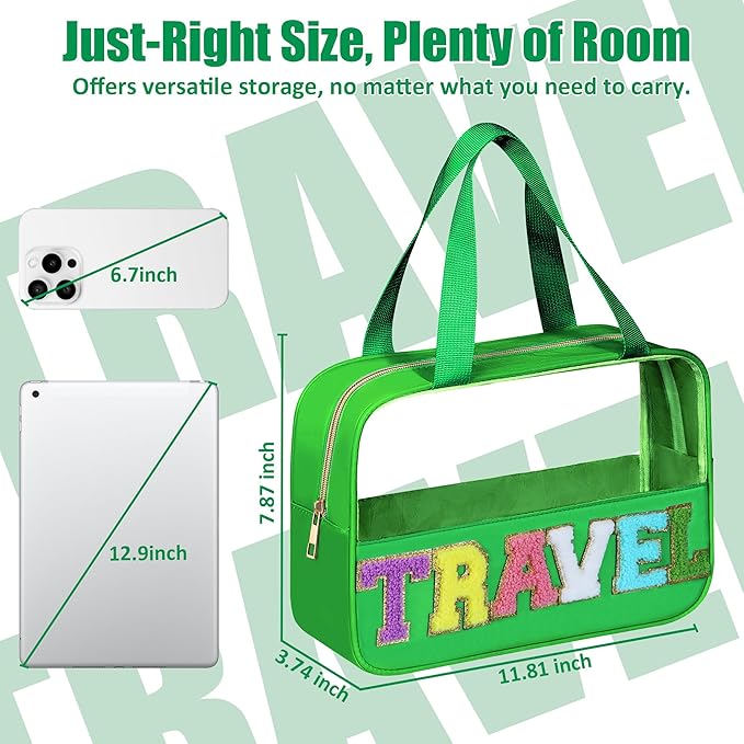 BuyCard Chenille Letter Patch Clear Travel Bags, Preppy PVC&Nylon Makeup Bag with Handle and Zipper, Waterproof Large Clear Travel Toiletry Bag Storage Bag for Women Girls