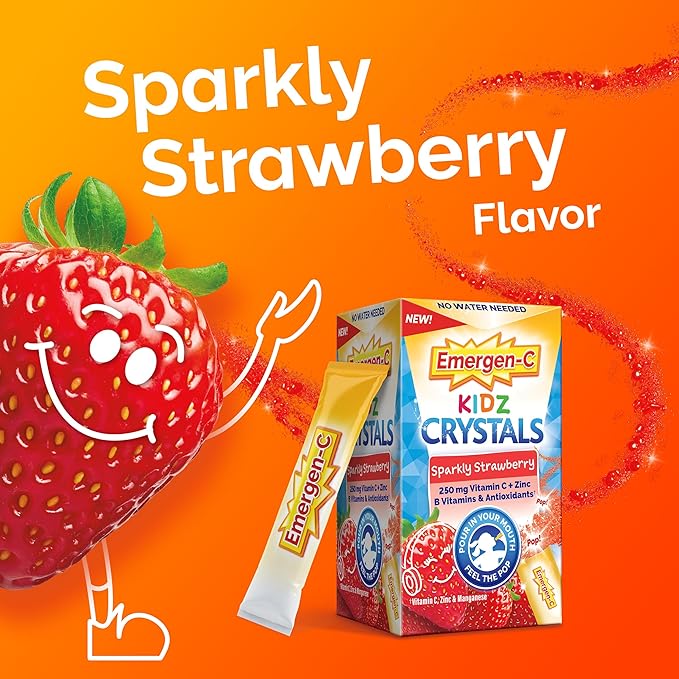 Emergen-C Kidz Crystals, On-the-Go Emergen-C Immune Support Supplement with Vitamin C, B Vitamins, Zinc and Manganese, Sparkly Strawberry, Stocking Stuffer - 56 Stick Packs