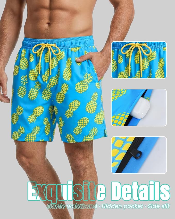 7 Inch Men Swim Trunks with Compression Breathable Liner Quick Dry Zipper Pockets for Pool Board Beach Cruise