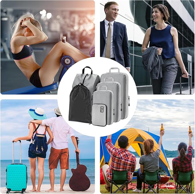 NiHome Compression Packing Cube 6PCS Set Expandable Travel Bag Luggage Organizers Electronic Cable Cord Charger Organizer Drawstring Bag for Trip Home Storage Travel Gear Accessories (Blue/Black/Grey)