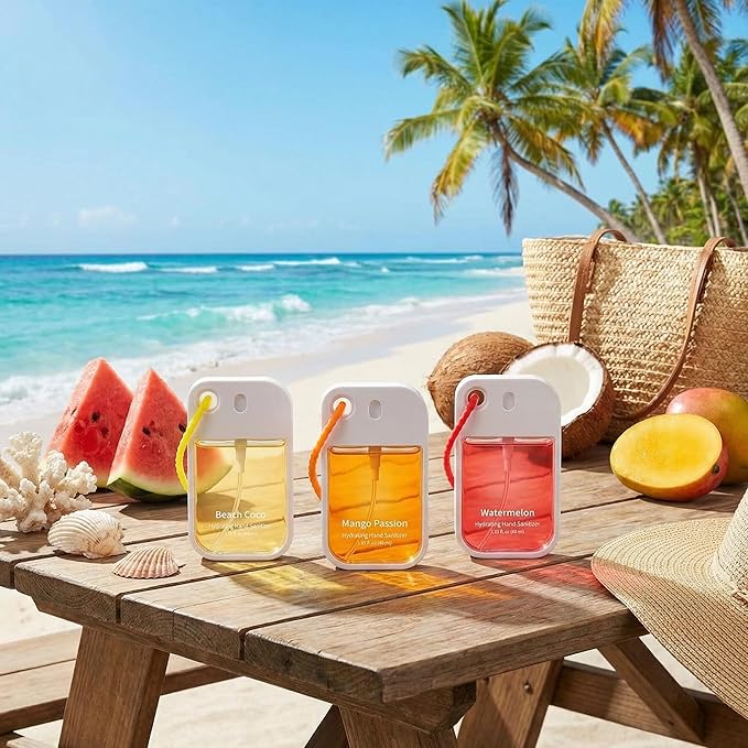 Set of 3 Powerful Mist Hydrating Hand Sanitizer Spray Bulk Travel Size Refreshing Hand Sanitizer 1.35 Fl. oz Spray Bottle Watermelon Mango Scent for Daily Personal Use Gift