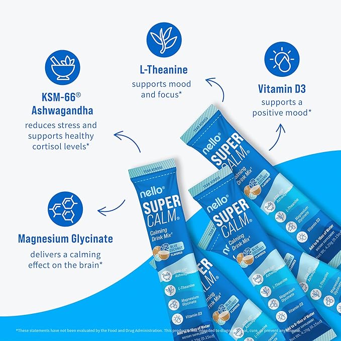 Nello Supercalm Drink Mix with Magnesium Glycinate, KSM 66 Ashwagandha, Vitamin D3 and L Theanine, Calm Powder Supplements for Relaxation Support, No Sugar, Travel Packets, 20 Ct, Blue Coconut