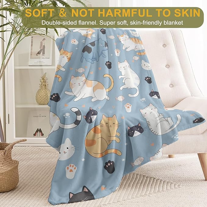 Cute Cat Faces Flannel Blanket - Adorable Cartoon Kitten Blue Throw - Lightweight Soft Cozy Gifts Blankets for Kids & Pet Lovers,Modern Home Room Bedroom Decor 60x80in