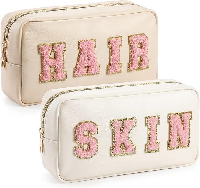 Cunno 4 Pcs Preppy Makeup Bags Chenille Letter Stuff Bag Nylon Cosmetic Pouch Cases with Zipper for Women Travel Toiletry