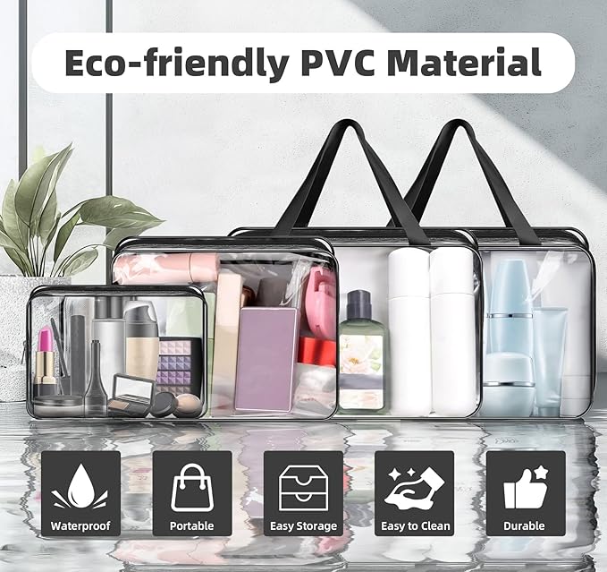 ABSOFINE Clear Toiletry Bag for Travel Size Toiletries, 4 Pack Large Waterproof PVC Makeup Bags with 2 Pack Airport Security Liquids Bags, Travel Essentials toiletry Bottles for Women Girls Men