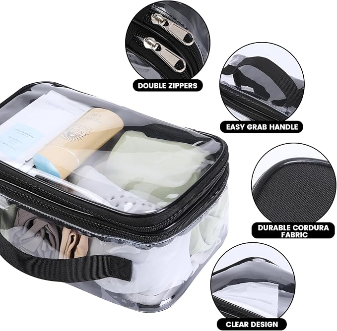 BORMELUN Large Clear travel bags for toiletries pouches carry on reusable,purse see-through plastic pvc TSA airport approved with handle (Black)