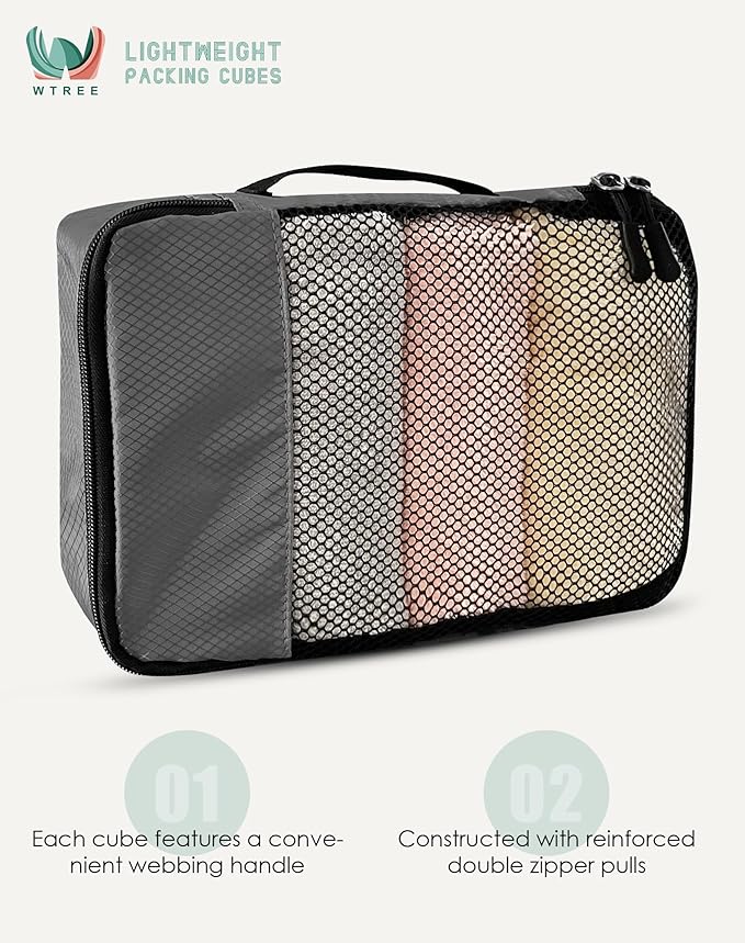 WTREE 4-Piece Packing Cubes Travel Accessories Set for Suitcases - Luggage Organizer Bags with Double Zipper - Mesh Top - Small/Medium/Large/Slim - Dark Grey