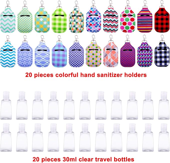 Duufin 40 Pieces Hand Sanitizer Keychain Holders Set with 20 Pieces Hand Sanitizer Holder and 20 Pieces Empty Travel Bottles