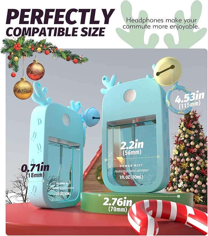 Sonnorel 1 Pack Elk Silicone Case Compatible with Touchland Hand Sanitizer Spray (Fit for 1 FL OZ/30 mL Ver), Portable keychain, Small Bell, Cute Deer Antlers (Blue)