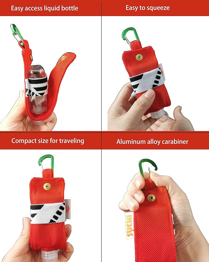 Travel Size Hand Sanitizer Holder,Bottle Case and Carabiner Carrier bag-Portable Mini Waist Bag for Liquids Clip On Belt Loop, Backpack and Purse - Includes Empty 60ml/ 2 oz Reusable Bottle(Red)