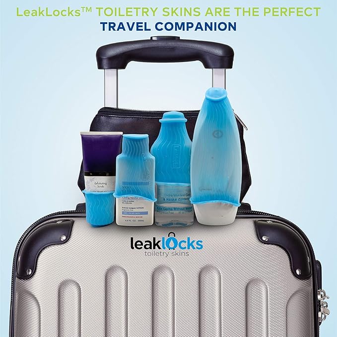 LeakLocks® Toiletry Skins 4-Pack w/Travel Bag. Elastic Sleeve for Leak-Proofing Travel Container in Luggage. Fits Standard/Travel Sized Toiletries. Reusable Accessory for Travel Bag Suitcase/Carry-on