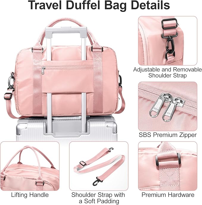 Vacuum Travel Bag for Women with Air Pump, Personal Item Carry on Bags with Seal Compression Pocket for Airlines, Weekender Overnight Bag for Women with Toiletry Bag，Pink