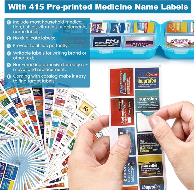 14 Grids Travel Pill Organizer Box with 415-Pcs Medicine Name Labels - Pocket Daily Pharmacy Case Container Kit - Travel Medication Holder Dispenser for Fish Oil Vitamin Supplement Storage - Blue