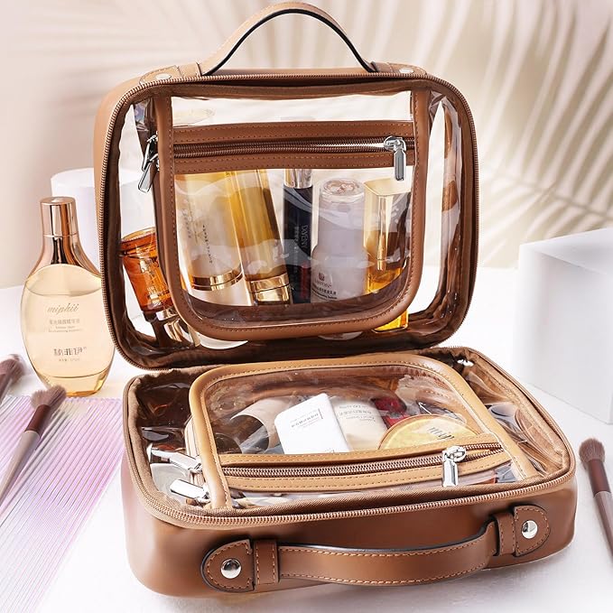 SANHECUN traveling toiletry case clear cosmetics case makeup bag (Brown, Small)
