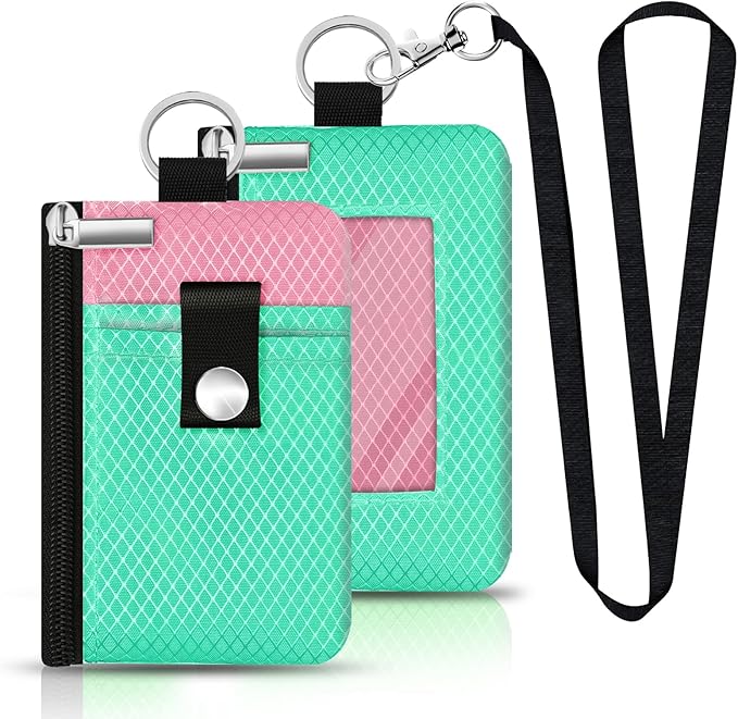Minimalist RFID Blocking Small Wallet with ID Window,WaterResistant Zip Id Case Wallet with Lanyard Keychain for Cards,Cash,Travel,Women,Men (Mint Green/Pink)