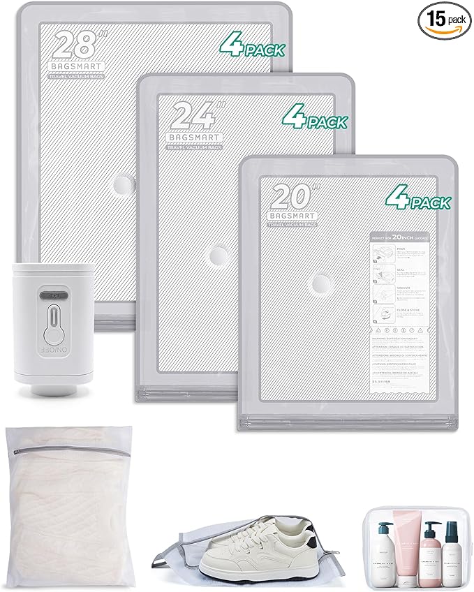 BAGSMART Vacuum Storage Bags with Portable Pump, Travel Space Saver Bags for Clothes, Heavy Duty Compression Bags for Storage, Vacuum Seal Bags with Hand Pump, Travel Essentials for Packing-Gray