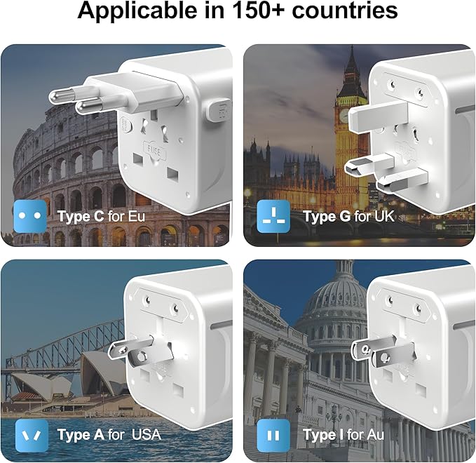 VYLEE Universal Travel Adapter with 6ft Extension Cord, Worldwide Plug Adapter (Type A/C/G/I) for Europe UK US AU, 2 AC Outlets + 3 USB Ports (USB-C), Cruise Ship Essentials Travel Power Strip