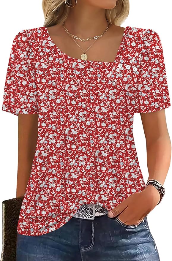 WIHOLL Womens Summer Tops Short Sleeve Shirts Square Neck Spring Outfits 2026 Fashion Clothing Blouses