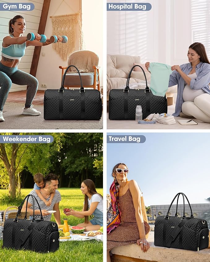 FOCDOD Travel Duffle Bag for Women - Weekender Bags with Shoe Compartment Large Carry on Overnight Tote Bag with Toiletry Bag Traveling Yoga Gym Bags with Wet Pocket Mommy Hospital Bag Black