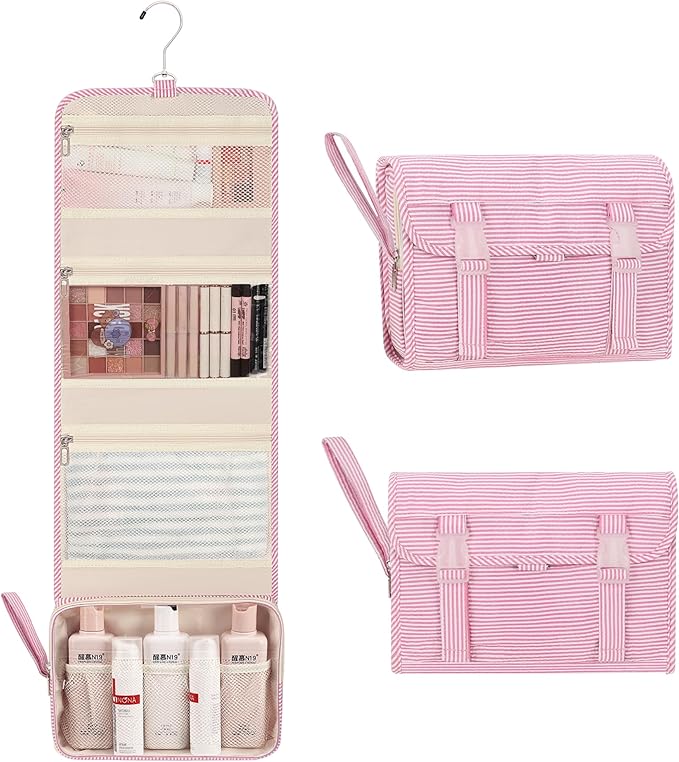 Relavel Hanging Toiletry Bag for Women, Large Makeup Travel Bag with Separate Compartments, Water Resistant Toiletries Bag for Travel Accessories, Portable Bathroom Bag for Trip Camping- Pink Strip